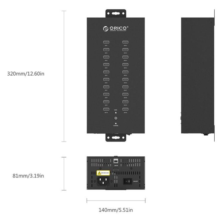 Concentrador USB 2.0 Orico IH20P de 20 Puertos de Grado Industrial con Enchufe Británico (Negro)