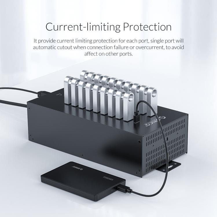 Concentrador USB 2.0 Orico IH20P de 20 Puertos de Grado Industrial con Enchufe Británico (Negro)