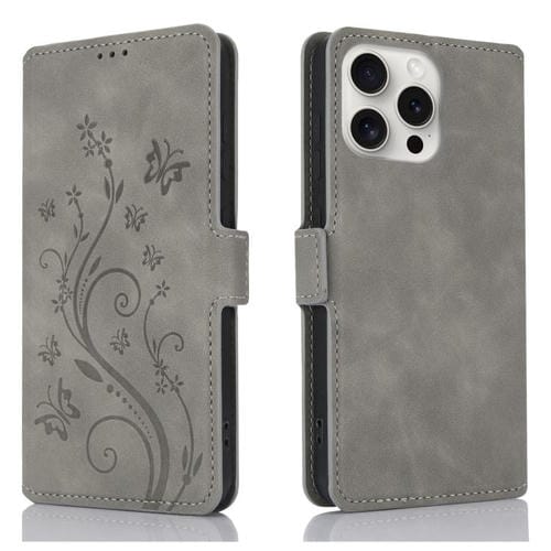 Funda de Cuero iPhone 15 Pro Max Relieve Mariposa y Flor (Gris)