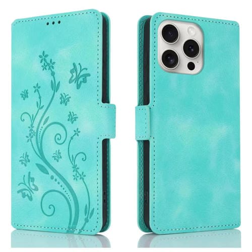 Funda de Cuero iPhone 15 Pro Relieve Mariposa y Flor Amor (Verde)