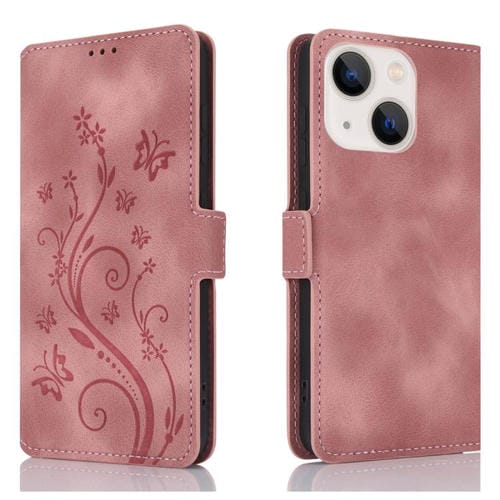 Funda de Cuero con Relieve Mariposa y Flor para iPhone 15 Plus (Oro Rosa)