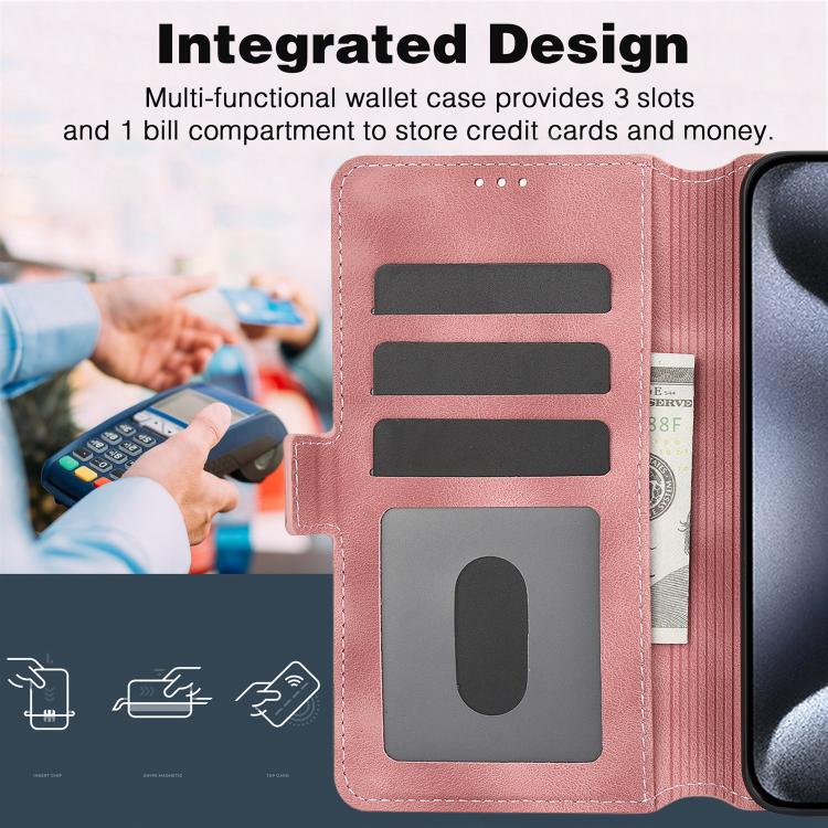 Funda de Cuero con Relieve Mariposa y Flor para iPhone 15 Plus (Oro Rosa)