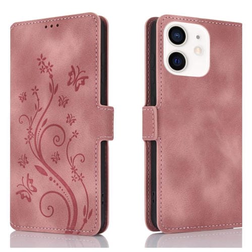 Funda de Cuero iPhone 12 Mini Relieve Mariposa y Flor Amor Ensueño (Oro Rosa)