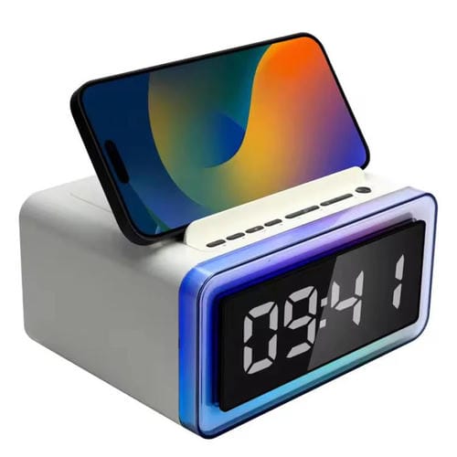 Reloj despertador P14 con cargador inalámbrico inteligente 10 W luz Led altavoz Bluetooth (Blanco)