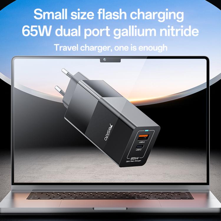 Cargador rápido Yesido YC73 65 W puerto dual USB y USB-C Gan (Negro)