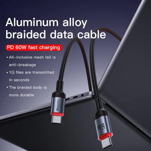 Cable De Datos Yesido CA183 PD60W 3A USB-C a USB-C 2 m (Negro)