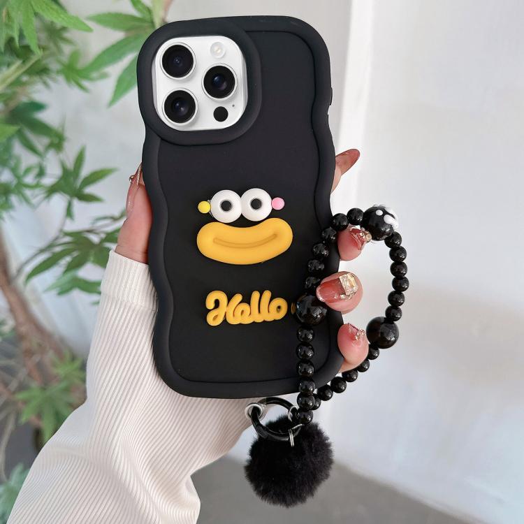 Funda TPU para iPhone 15 Pro Forma Boca de Salchicha con Cadena de Cuentas (Negra)