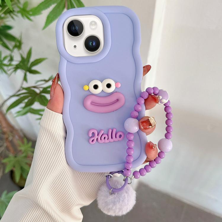Funda TPU iPhone 15 Plus Forma Boca de Salchicha Cadena de Cuentas (Morado)