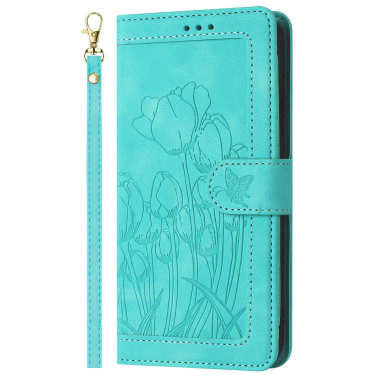 Funda de cuero con relieve de tulipanes y cordón para Sharp Aquos wish5 (verde)