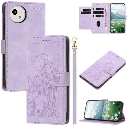 Funda de piel con relieve de tulipanes y cordón para Sharp Aquos wish5 (morado)