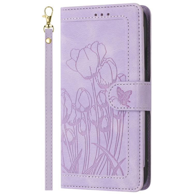 Funda de piel con relieve de tulipanes y cordón para Sharp Aquos wish5 (morado)