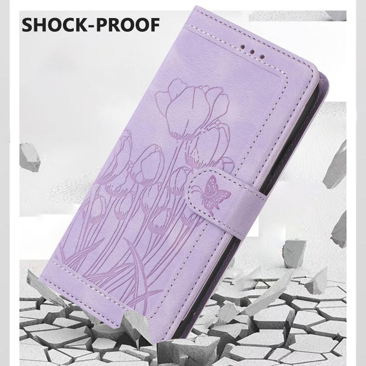 Funda de piel con relieve de tulipanes y cordón para Sharp Aquos wish5 (morado)