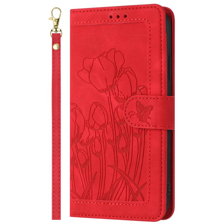 Funda de cuero con relieve de tulipanes y cordón para Sharp Aquos wish5 (roja)