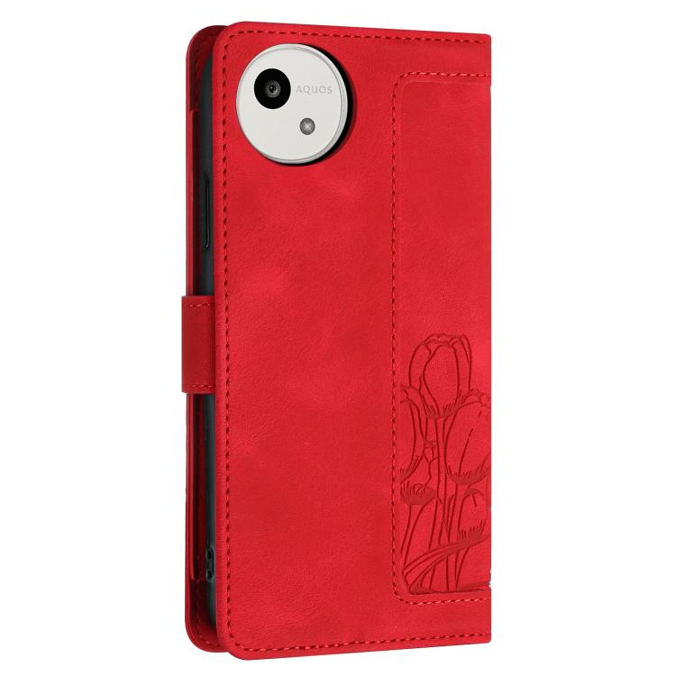 Funda de cuero con relieve de tulipanes y cordón para Sharp Aquos wish5 (roja)