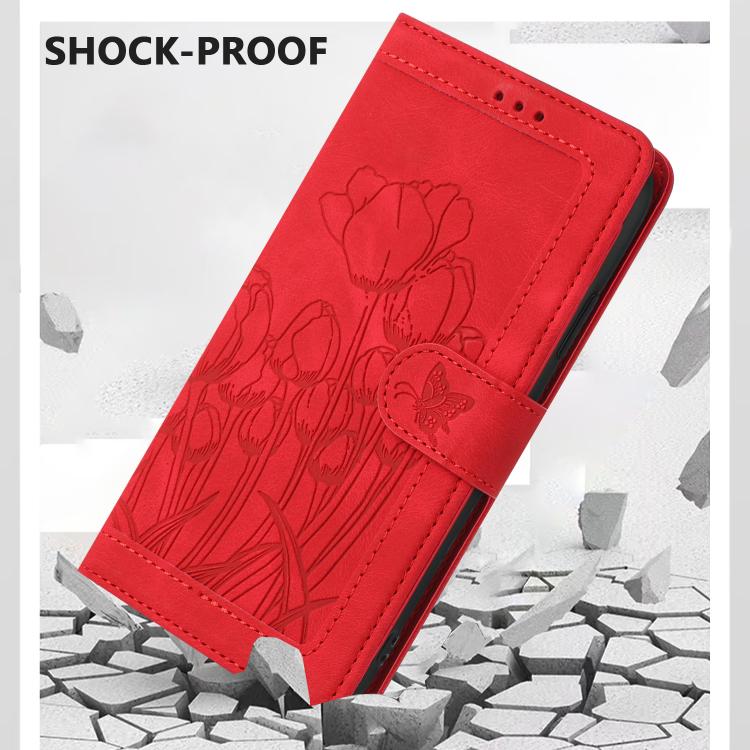 Funda de cuero con relieve de tulipanes y cordón para Sharp Aquos wish5 (roja)