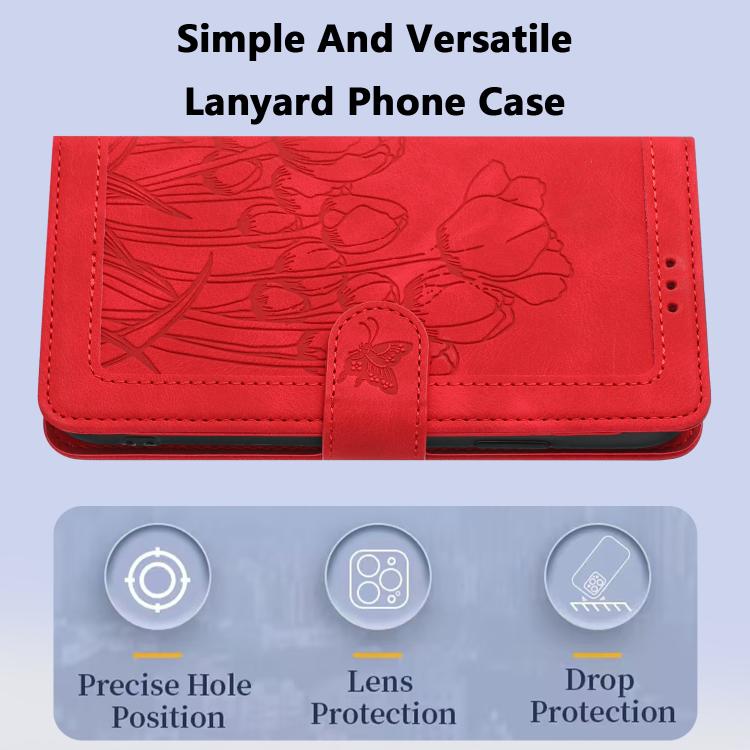 Funda de cuero con relieve de tulipanes y cordón para Sharp Aquos wish5 (roja)