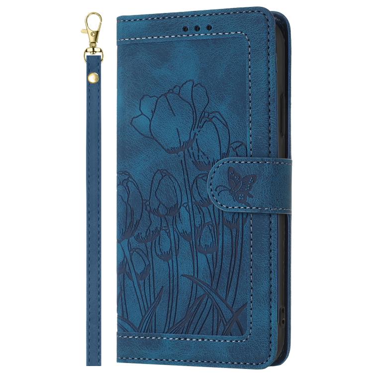 Funda de cuero con relieve de tulipanes y cordón para Sharp Aquos wish5 (azul)