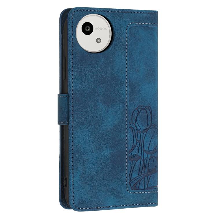 Funda de cuero con relieve de tulipanes y cordón para Sharp Aquos wish5 (azul)