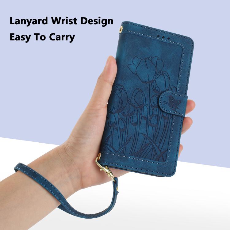 Funda de cuero con relieve de tulipanes y cordón para Sharp Aquos wish5 (azul)