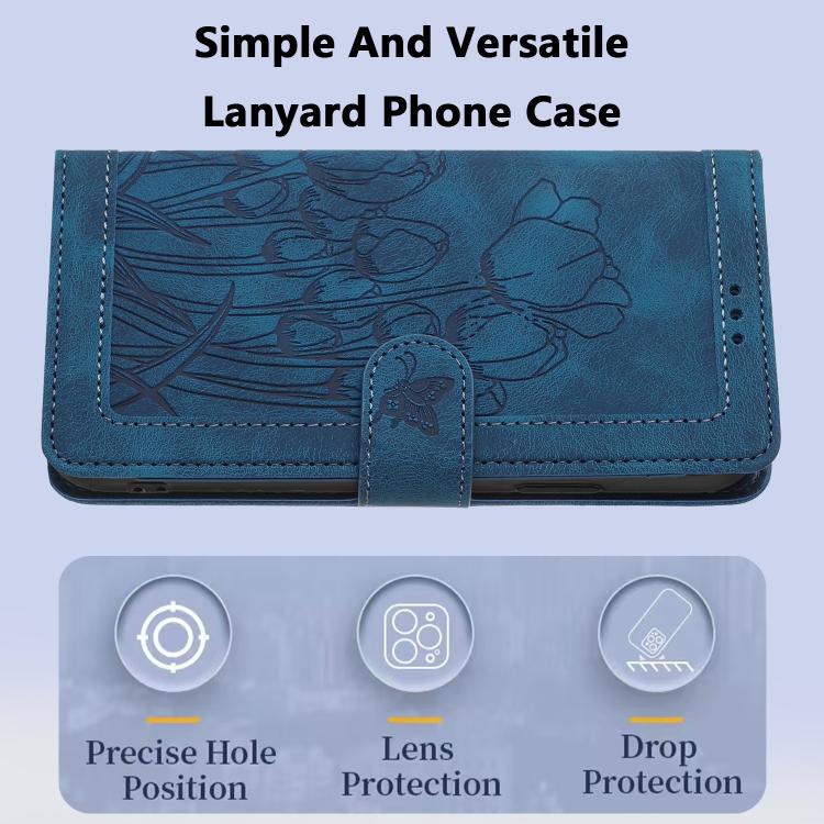 Funda de cuero con relieve de tulipanes y cordón para Sharp Aquos wish5 (azul)