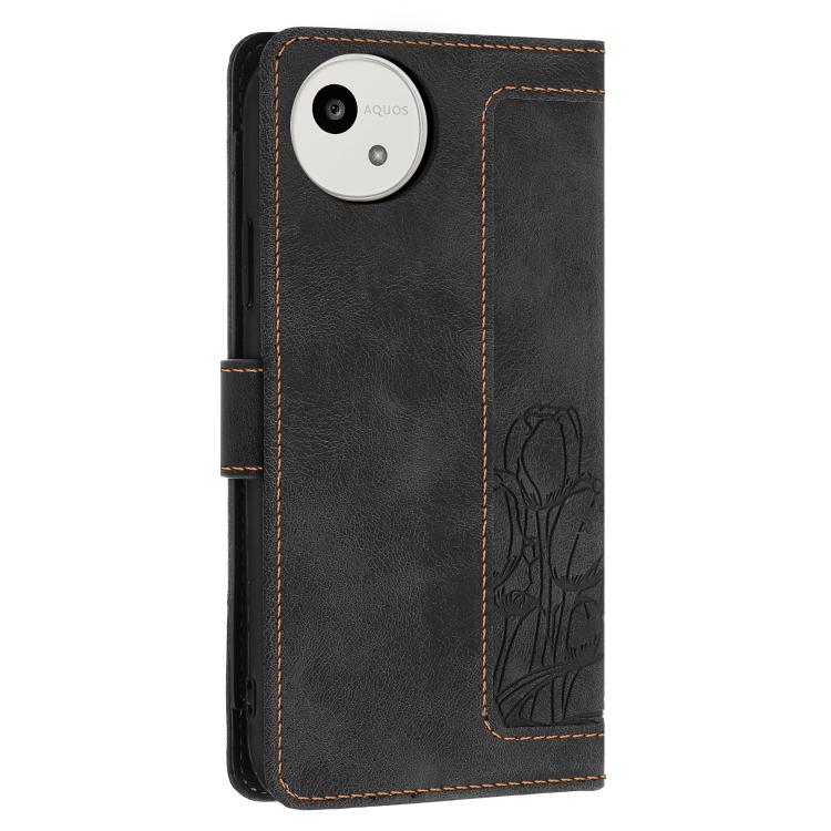 Funda de cuero con relieve de tulipanes y cordón para Sharp Aquos wish5 (negra)