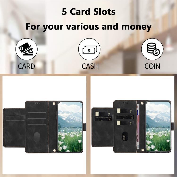Funda de cuero con relieve de tulipanes y cordón para Sharp Aquos wish5 (negra)