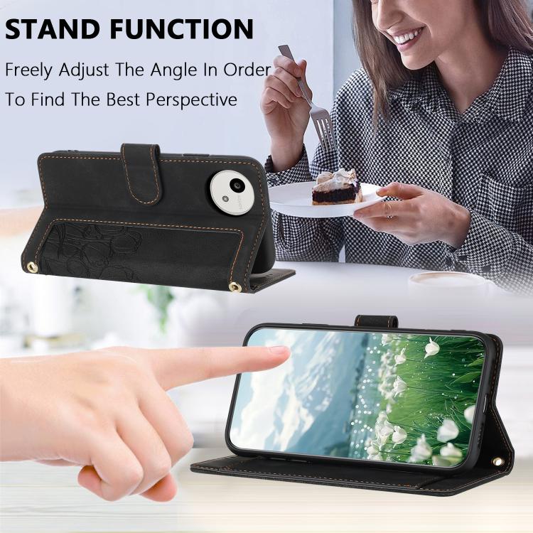 Funda de cuero con relieve de tulipanes y cordón para Sharp Aquos wish5 (negra)