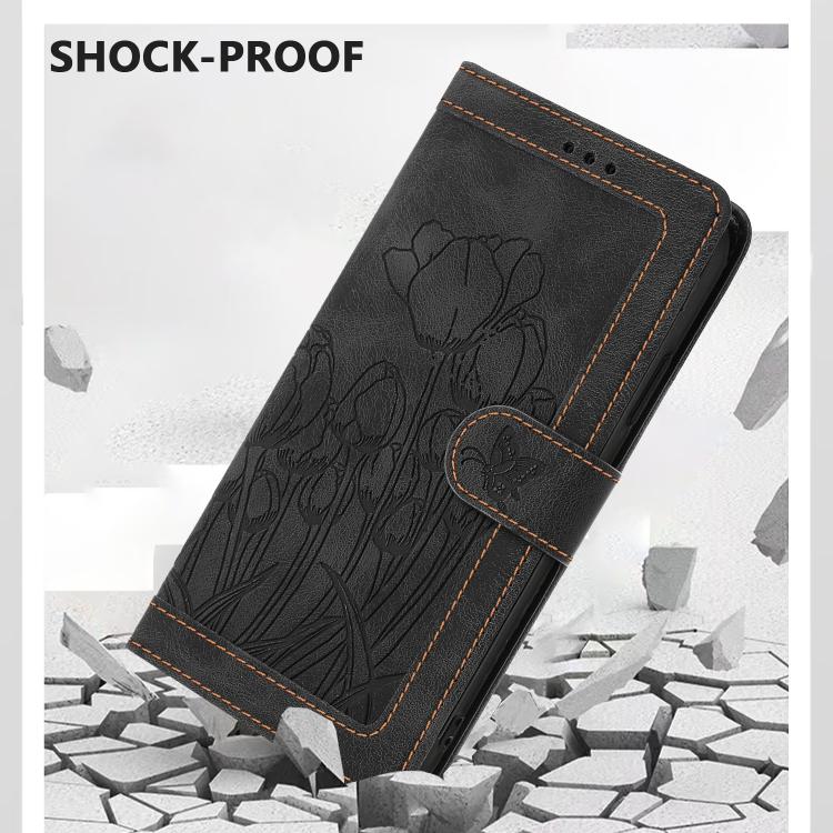 Funda de cuero con relieve de tulipanes y cordón para Sharp Aquos wish5 (negra)
