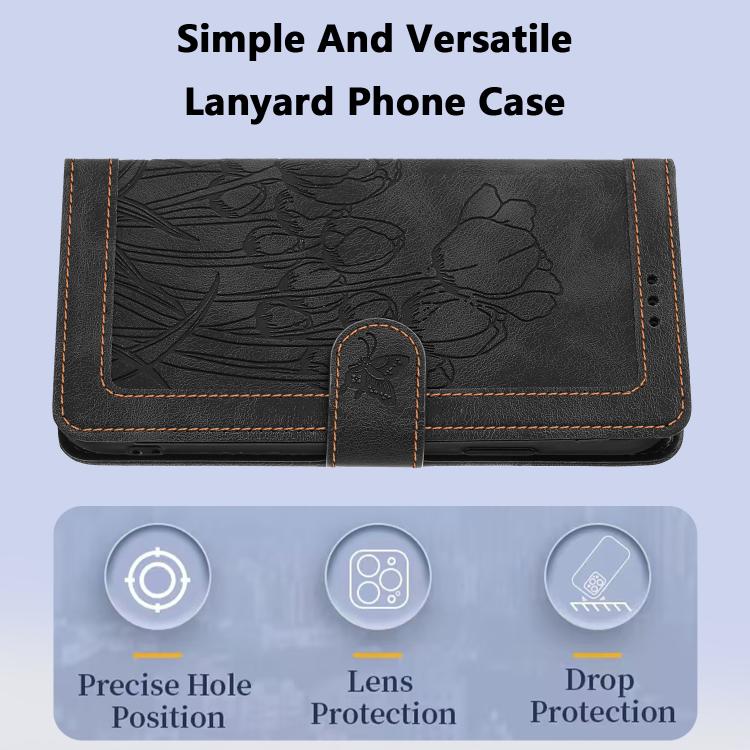 Funda de cuero con relieve de tulipanes y cordón para Sharp Aquos wish5 (negra)