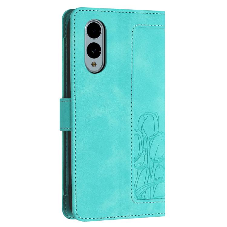 Funda de Cuero con Relieve de Tulipanes para Teléfono Fujitsu Arrows We2 con Cordón (Verde)