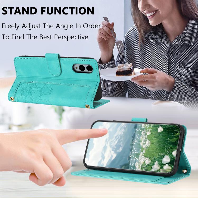 Funda de Cuero con Relieve de Tulipanes para Teléfono Fujitsu Arrows We2 con Cordón (Verde)