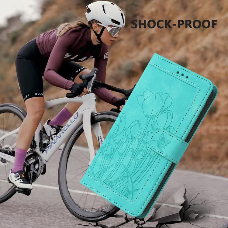 Funda de Cuero con Relieve de Tulipanes para Teléfono Fujitsu Arrows We2 con Cordón (Verde)