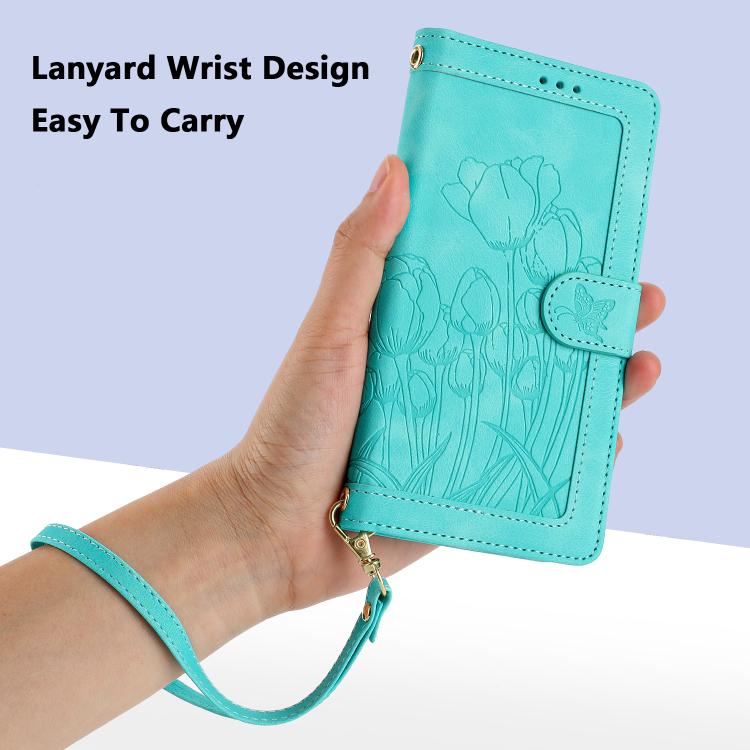 Funda de Cuero con Relieve de Tulipanes para Teléfono Fujitsu Arrows We2 con Cordón (Verde)