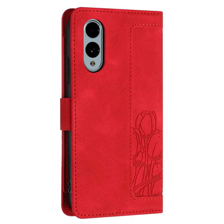 Funda de Cuero con Relieve de Tulipanes para Fujitsu Arrows We2 con Cordón (Rojo)