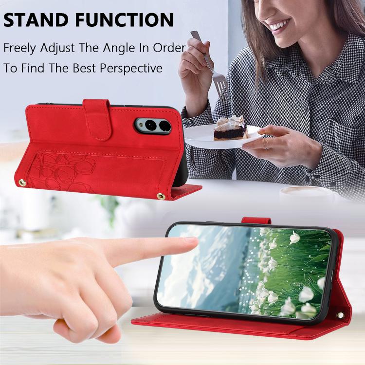 Funda de Cuero con Relieve de Tulipanes para Fujitsu Arrows We2 con Cordón (Rojo)