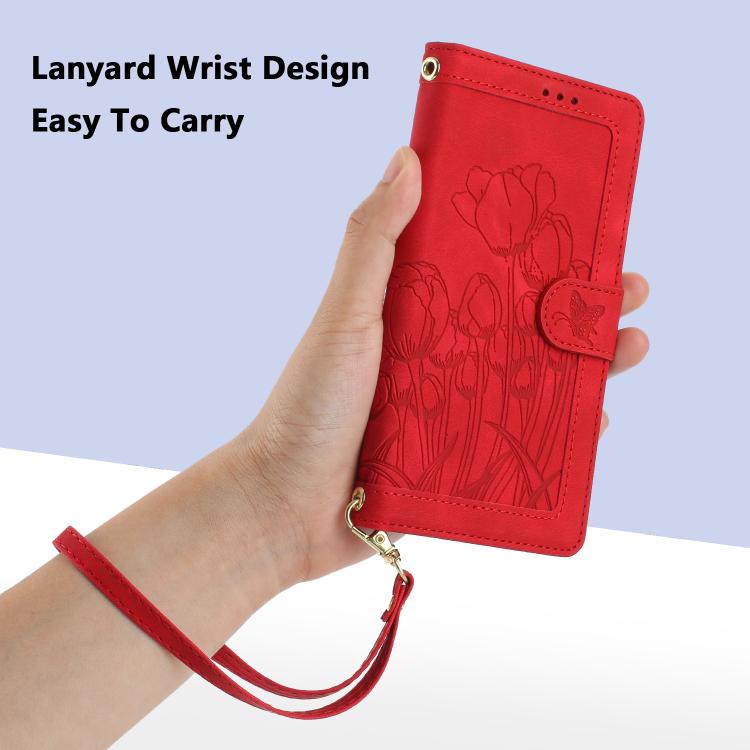 Funda de Cuero con Relieve de Tulipanes para Fujitsu Arrows We2 con Cordón (Rojo)