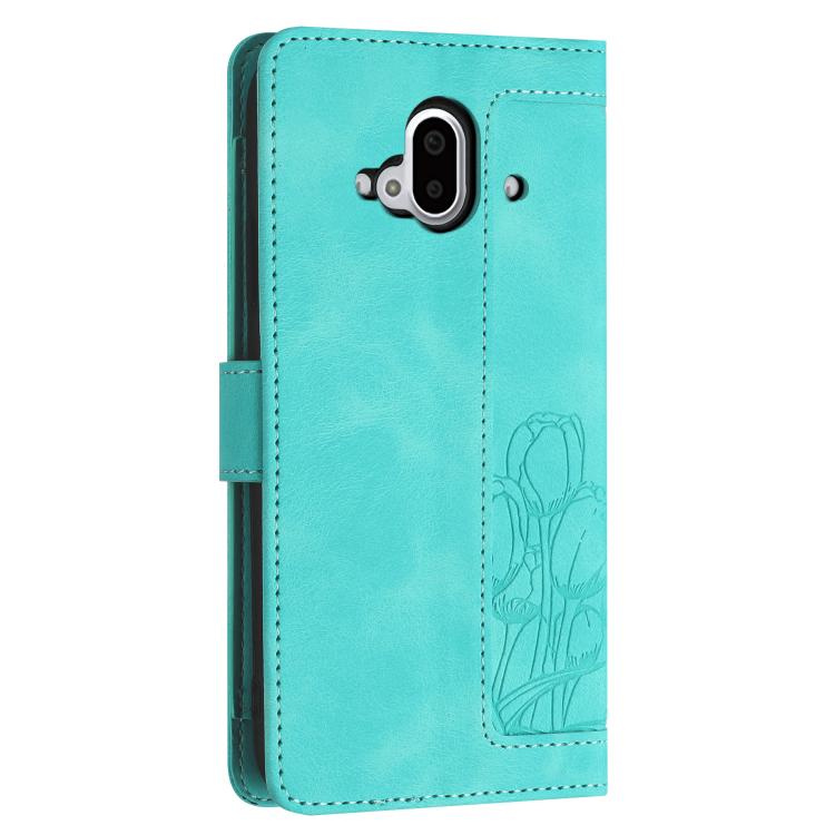 Funda de Cuero con Relieve Tulipanes para Teléfono Fujitsu Arrows F-52B con Cordón (Verde)