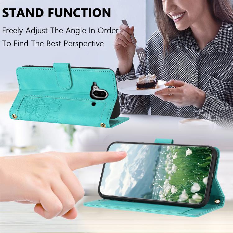 Funda de Cuero con Relieve Tulipanes para Teléfono Fujitsu Arrows F-52B con Cordón (Verde)