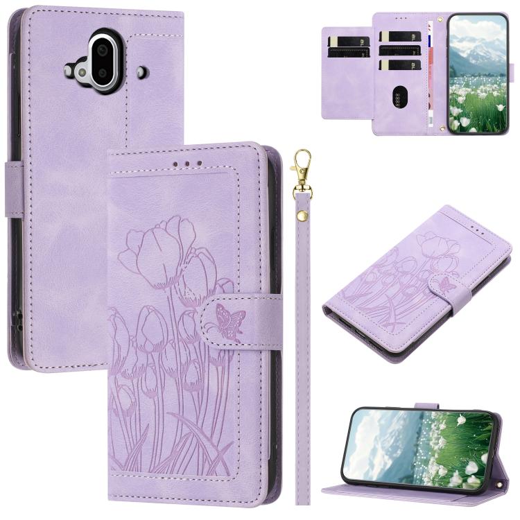 Funda de Cuero con Relieve Tulipanes para Fujitsu Arrows F-52B con Cordón (Morado)