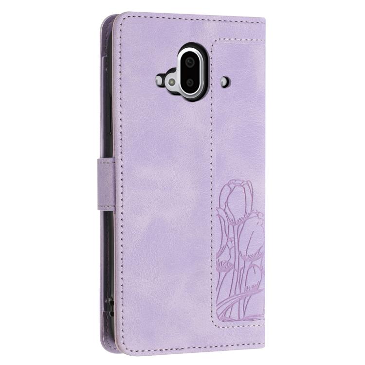 Funda de Cuero con Relieve Tulipanes para Fujitsu Arrows F-52B con Cordón (Morado)