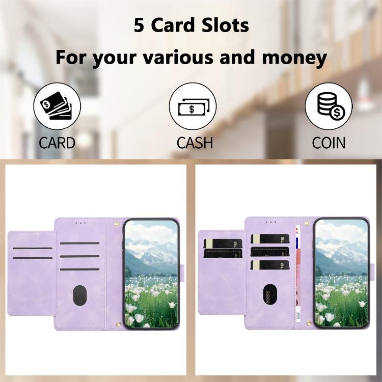 Funda de Cuero con Relieve Tulipanes para Fujitsu Arrows F-52B con Cordón (Morado)