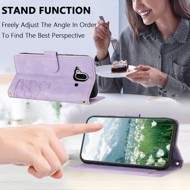 Funda de Cuero con Relieve Tulipanes para Fujitsu Arrows F-52B con Cordón (Morado)