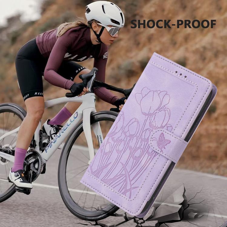Funda de Cuero con Relieve Tulipanes para Fujitsu Arrows F-52B con Cordón (Morado)