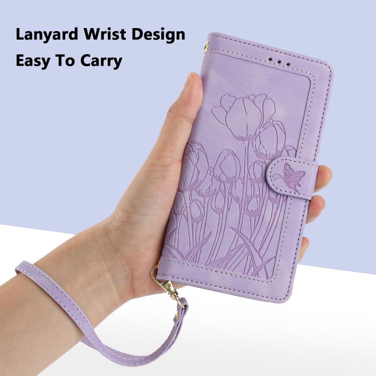 Funda de Cuero con Relieve Tulipanes para Fujitsu Arrows F-52B con Cordón (Morado)