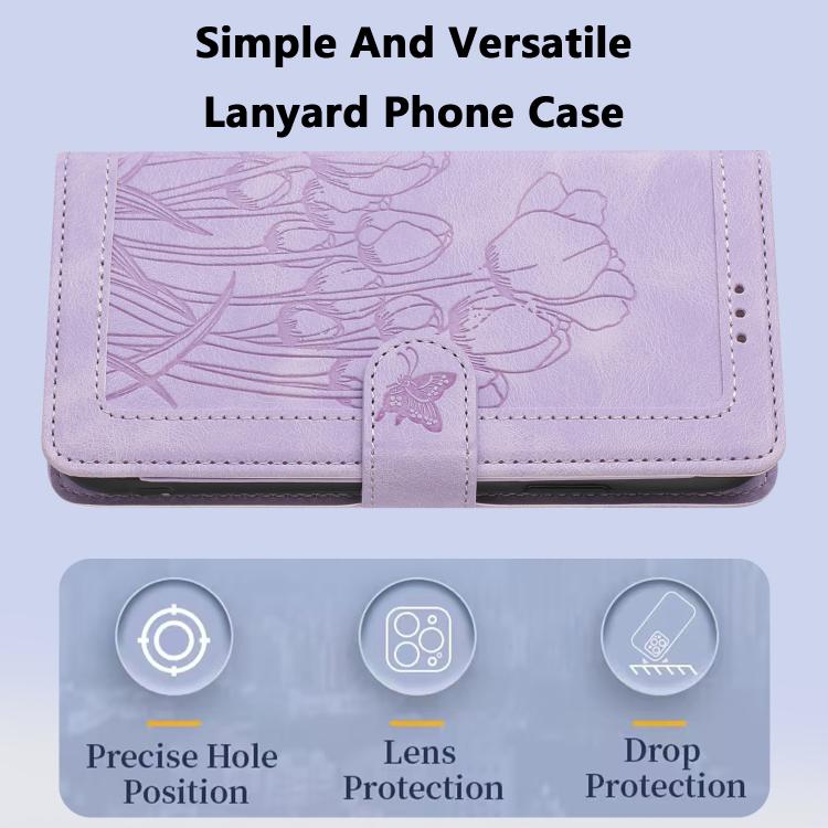 Funda de Cuero con Relieve Tulipanes para Fujitsu Arrows F-52B con Cordón (Morado)