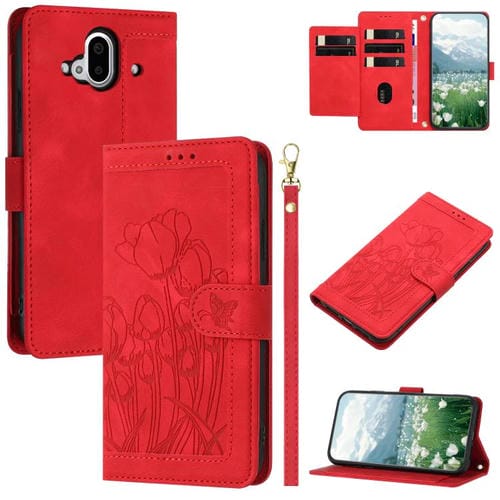 Funda de Cuero con Relieve Tulipanes para Fujitsu Arrows F-52B con Cordón (Rojo)
