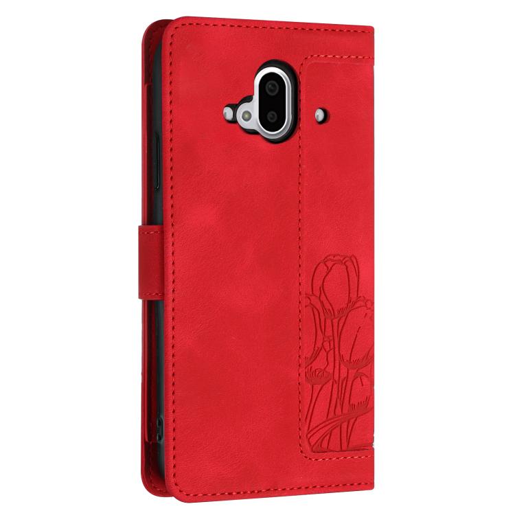 Funda de Cuero con Relieve Tulipanes para Fujitsu Arrows F-52B con Cordón (Rojo)