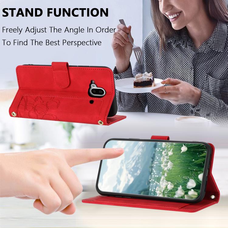 Funda de Cuero con Relieve Tulipanes para Fujitsu Arrows F-52B con Cordón (Rojo)