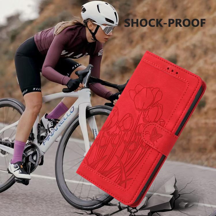 Funda de Cuero con Relieve Tulipanes para Fujitsu Arrows F-52B con Cordón (Rojo)