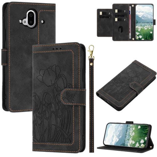 Funda de Cuero con Relieve de Tulipanes para Teléfono Fujitsu Arrows F-52B con Cordón (Negro)